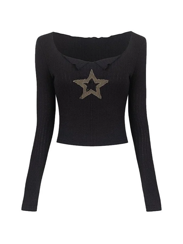 Brownm Patch Long Sleeve Knit Crop Top