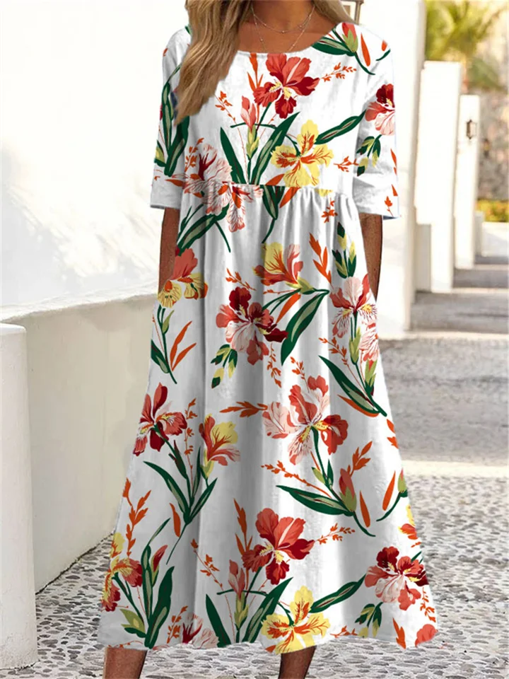 Summer New Women's Casual Round Neck Pockets Short-sleeved Printed Dresses Floral Pencil Skirt Dresses-JRSEE