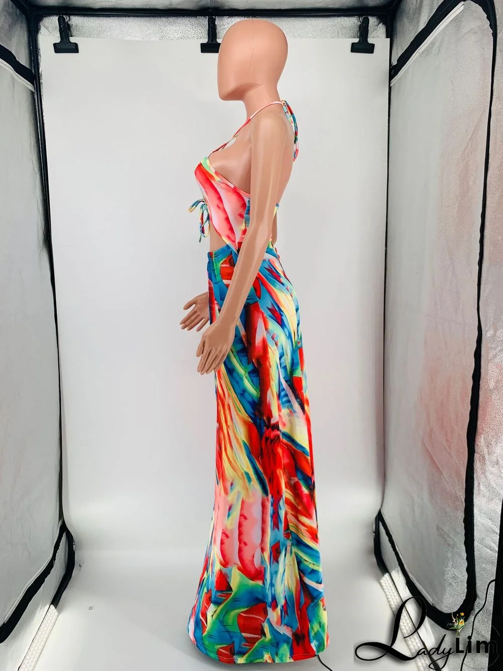 Fashion Sexy Print Halter Lace-Up One Piece Maxi Dress