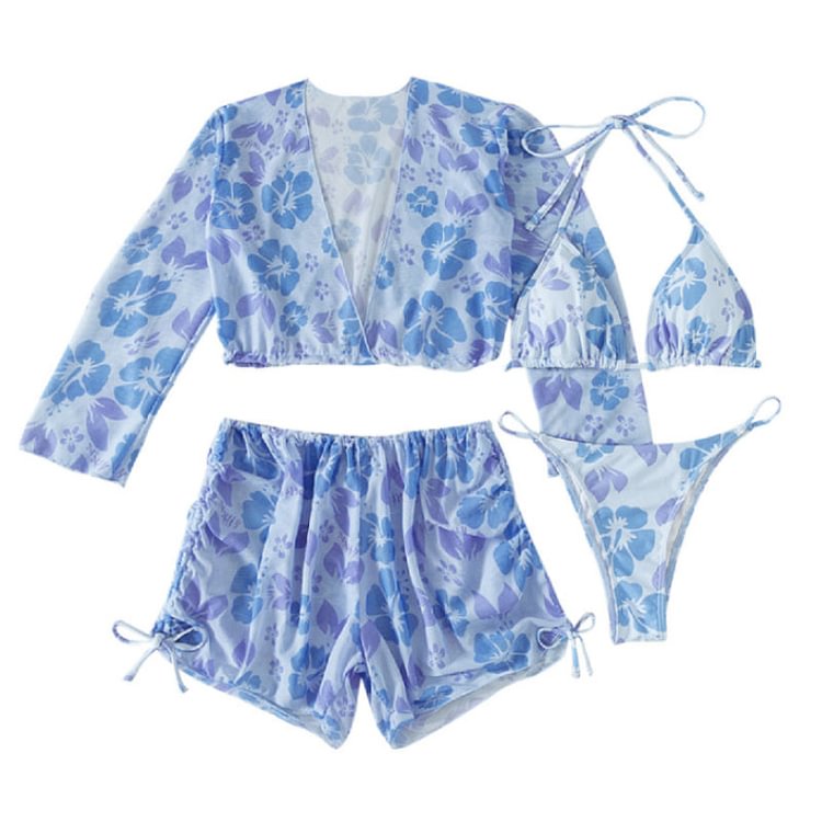 Flaxmaker V Neck Halter Straps Floral Bikini Swimsuit Four-piece Set