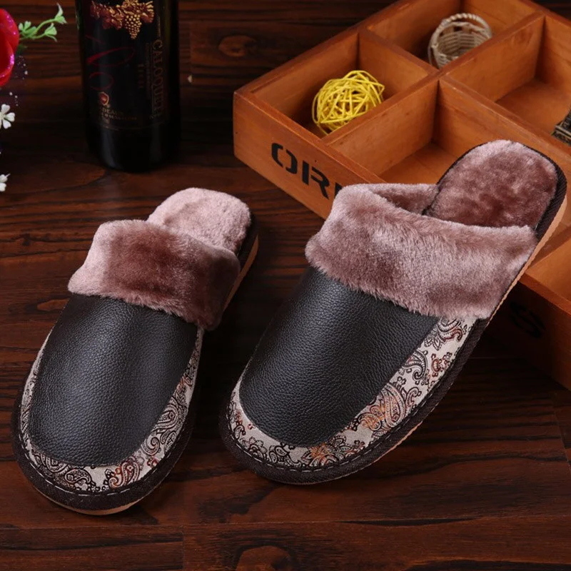 Genuine Leather Slippers Women Luxury Velvet Fur Slippers Pattern House Slippers Winter Indoor Slippers Living Soft Shoes Women