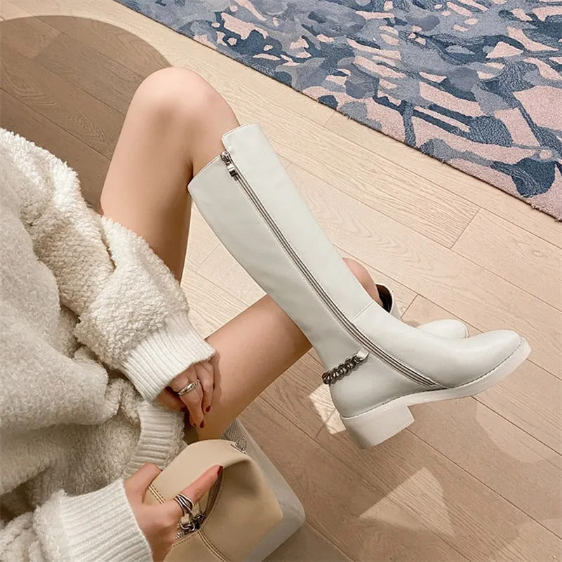 Meotina Genuine Leather Riding Boots Women Shoes Chain Thick Heel Knee High Boots Med Heel Round Toe Zipper Lady Boots Autumn 43