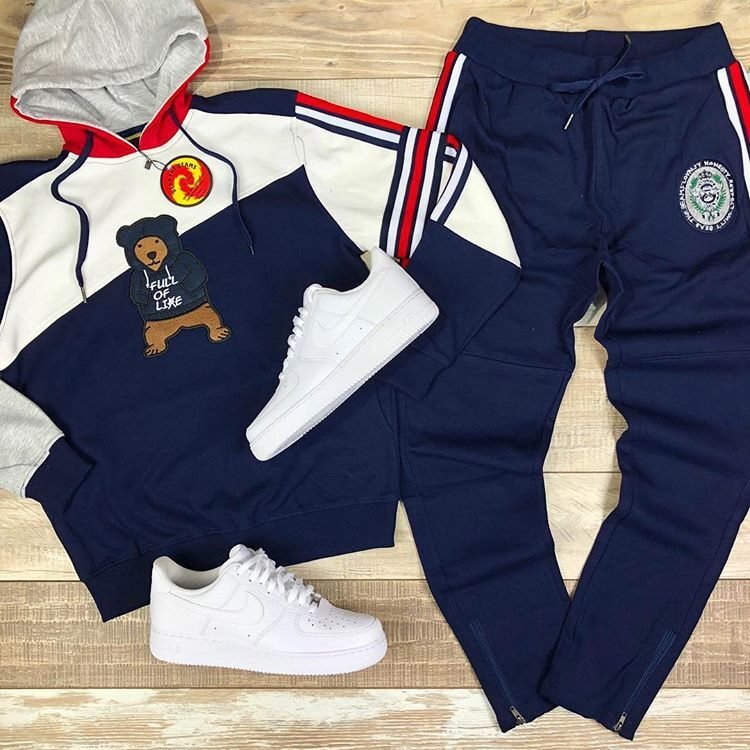 Fashion color matching cute bear print Hooded Sweater Set