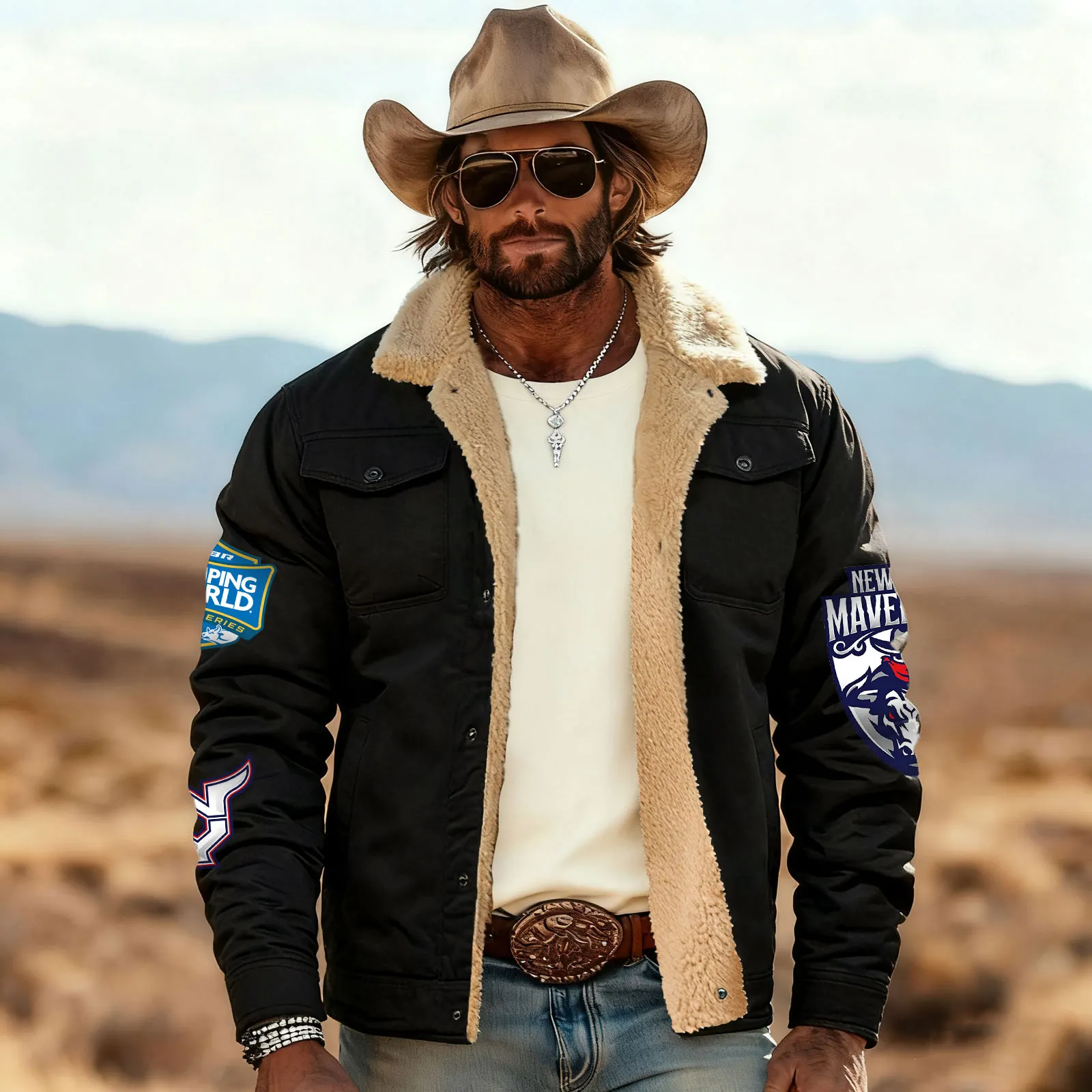 Men's Patch-Embellished Sherpa-Lined Jacket With Western Style Design