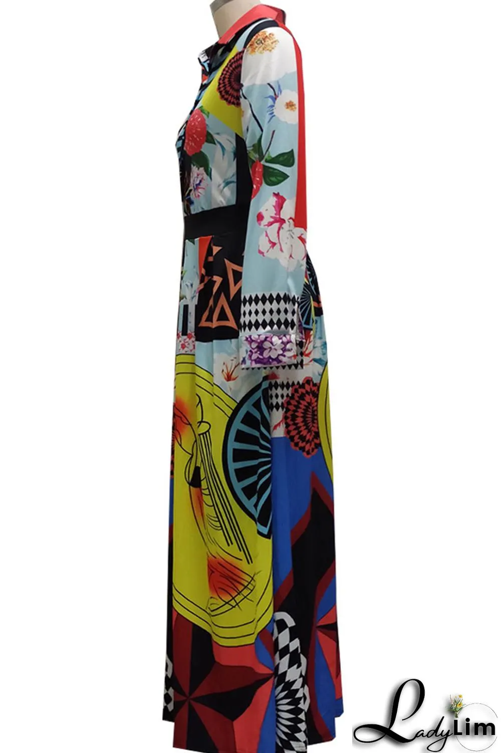 Colour Casual Print Patchwork Buckle Turndown Collar Dresses