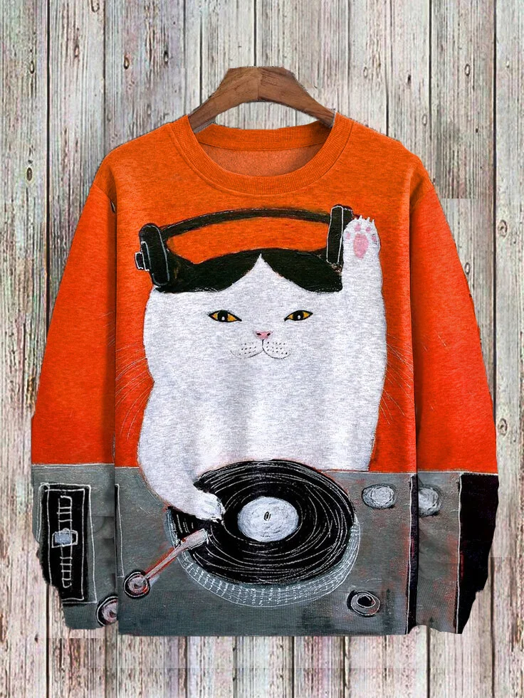 Men's Cool White Cat DJ Art Print Casual Sweatshirt