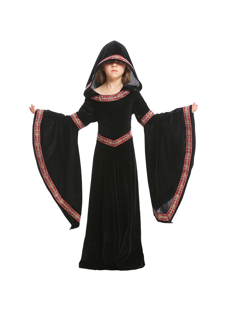 Halloween Costume Black Bell Sleeve Print Midi Dress