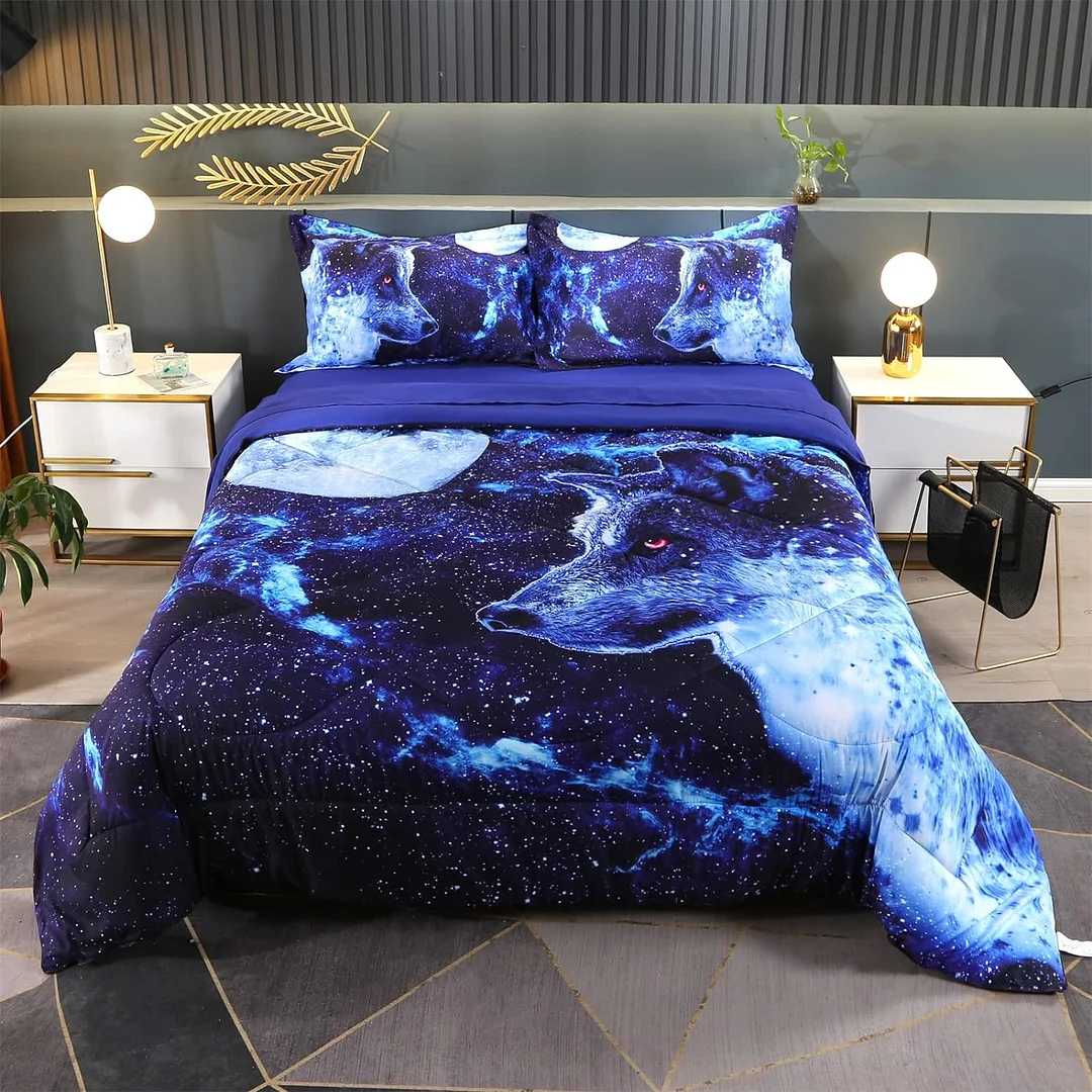 Wolf Bedding Set for Boys and Girls Twin, Premium 3D Wolf Comforter Set Blue Moon Night Theme, Comfortable and Breathable for Children