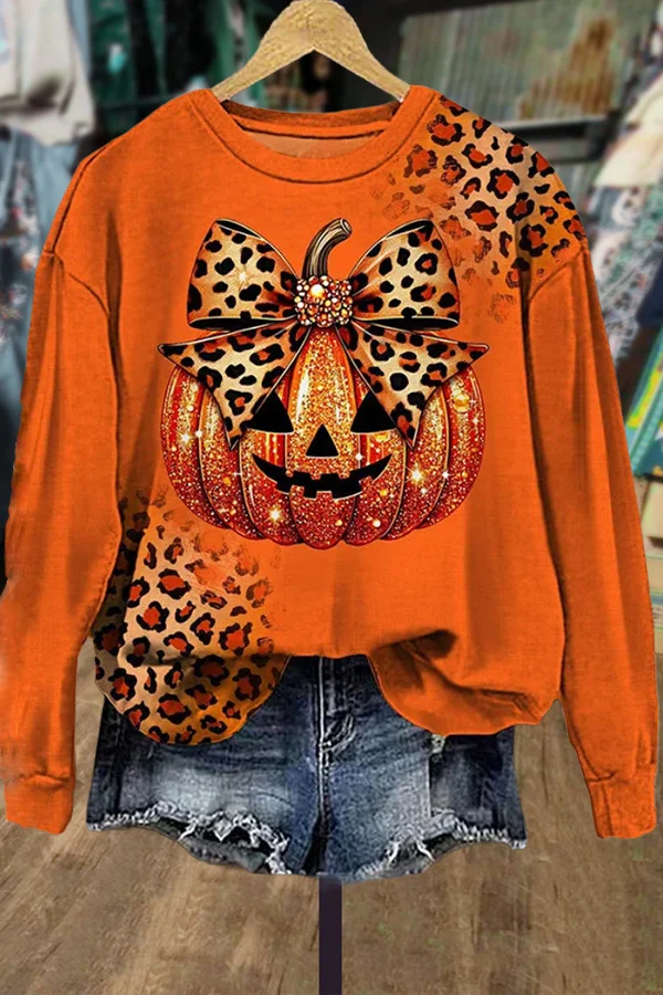 Halloween Leopard Pumpkin Print Sweatshirt