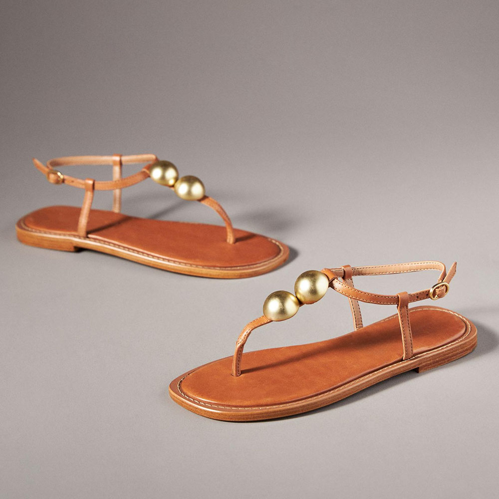 Brown Vegan Leather Square Toe Flat Studded Buckled T-Strap Sandals Nicepairs