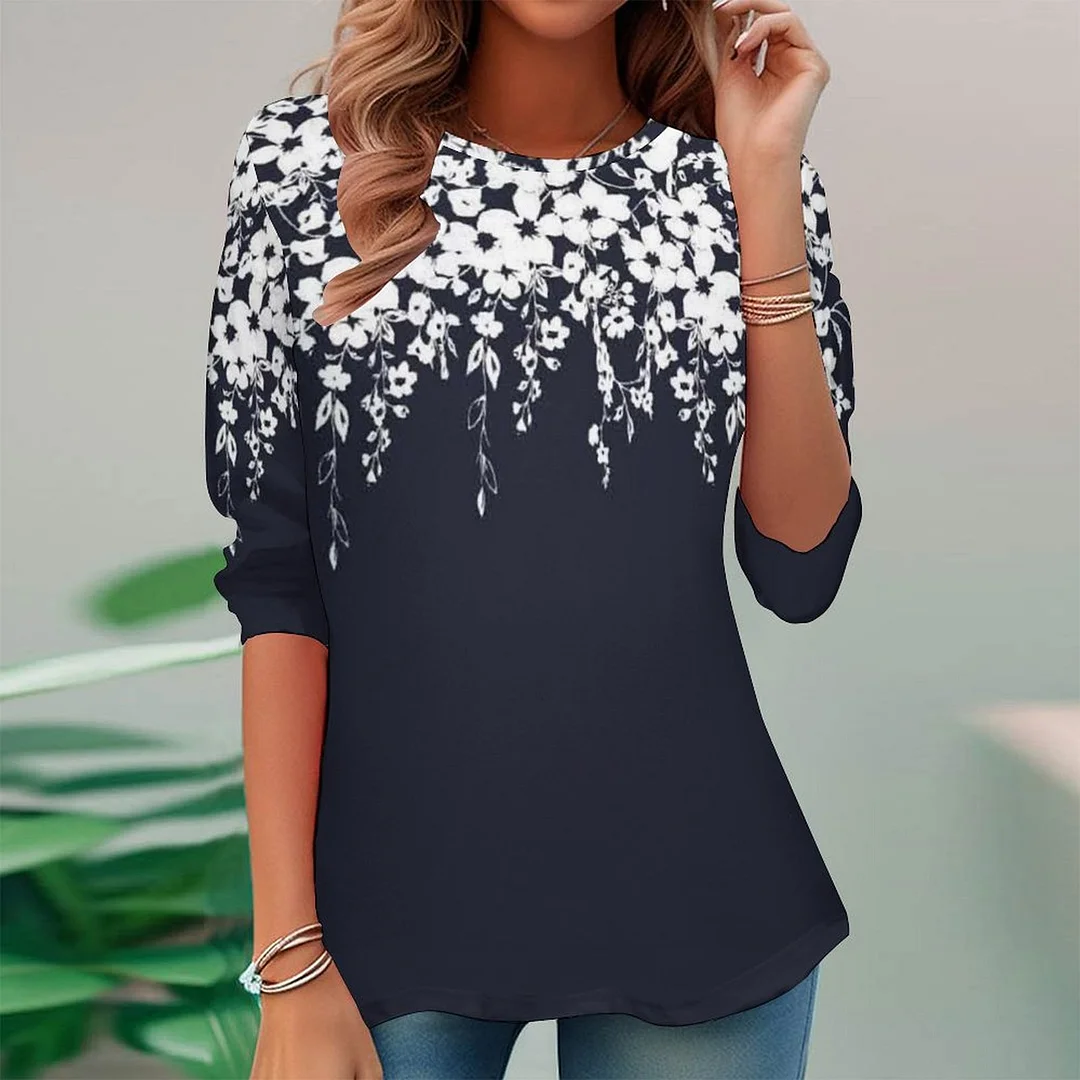 Full Printed Long Sleeve Plus Size Tunic for  Women Pattern Floral,Black