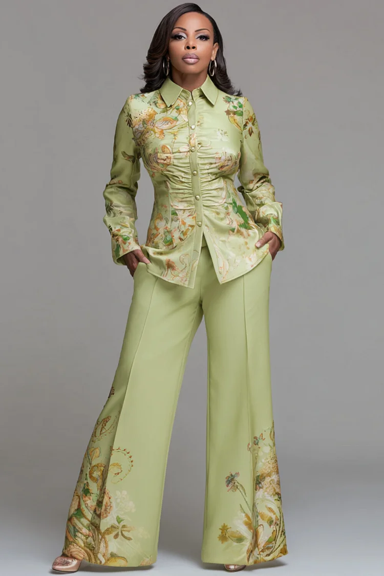 Xpluswear Design Plus Size Formal Green Floral Shirt Collar Long Sleeve Pocket Elegant Two Piece Pant Sets [Pre-Order]