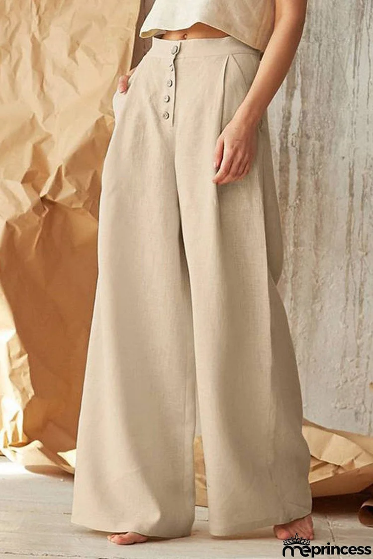 Solid Color Single-breasted Wide Leg Long Pants