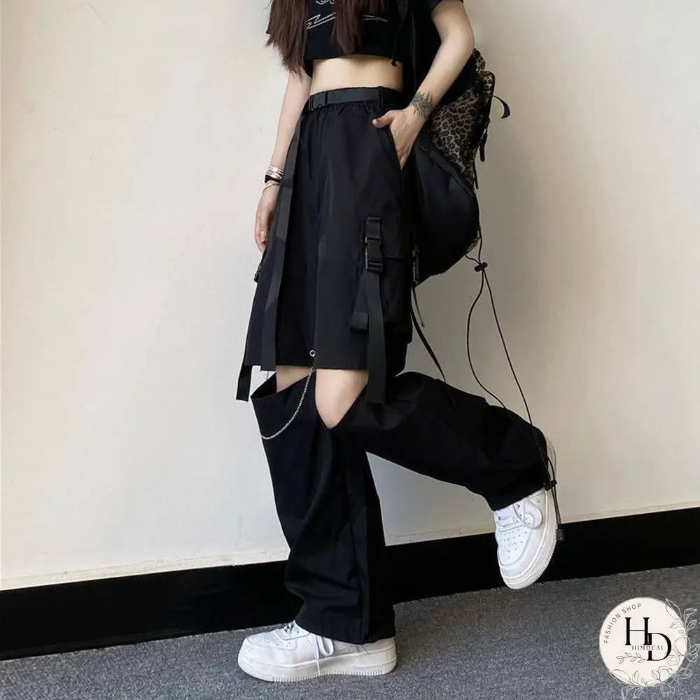 Vintage loose straight pants women high waist hole streetwear cargo pant casual Korean