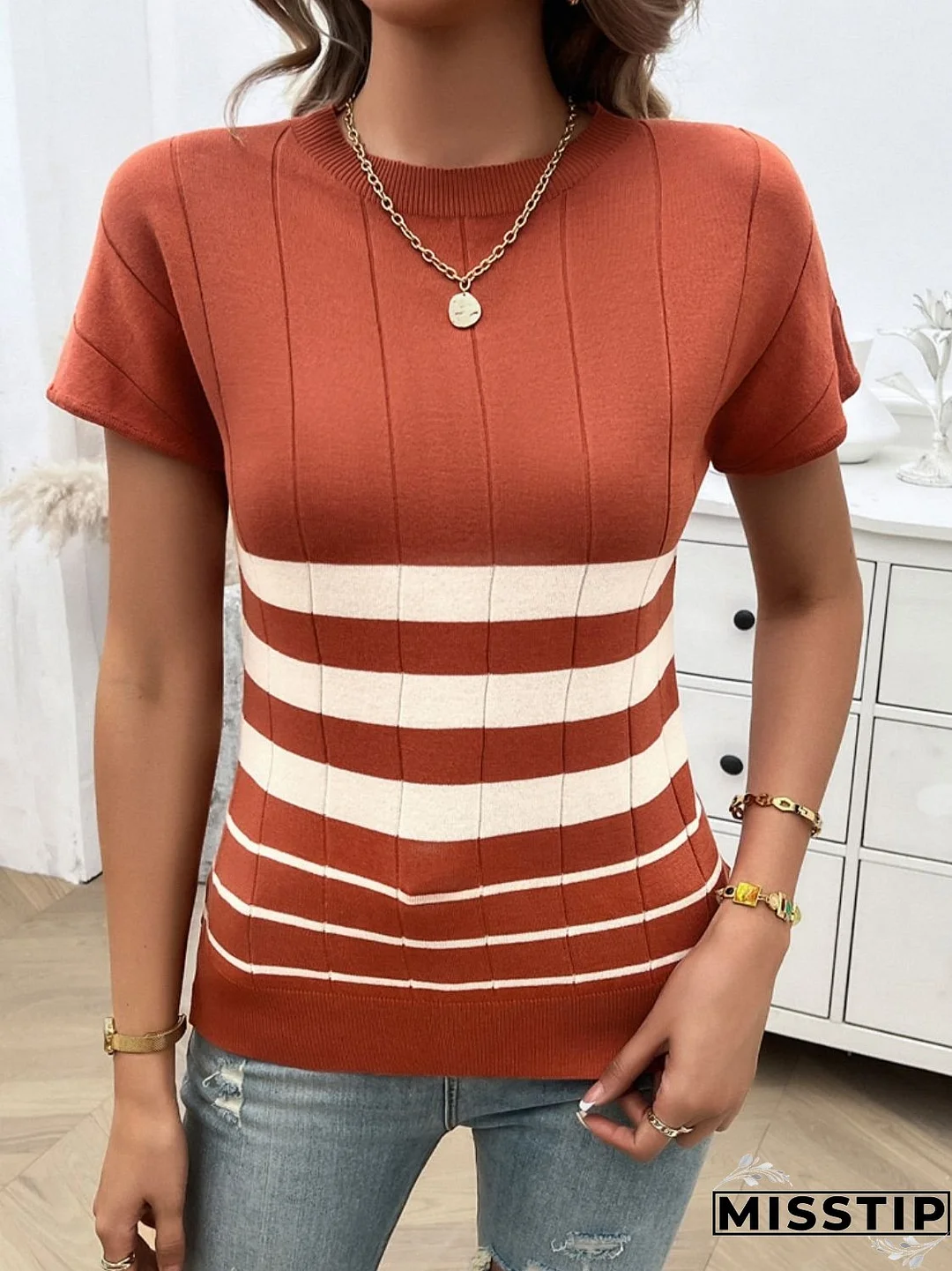 Striped Round Neck Short Sleeve Knit Top