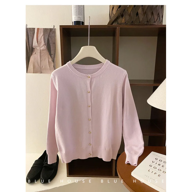 Uveng Uveng Style Gentle Retro Small Gold Button Net Version Long-Sleeved Knitted Shirt Women Autumn Collar Soft Glutinous Sweater Coat