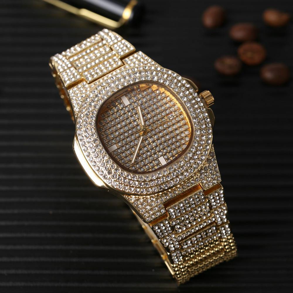 Luxury Men Gold Silver Diamond Watch & Bracelet Combo Set