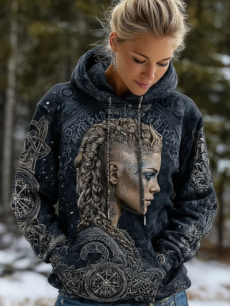 Women&lsquo;s Retro Viking Warrior Lagertha Art Pattern Casual Hoodie