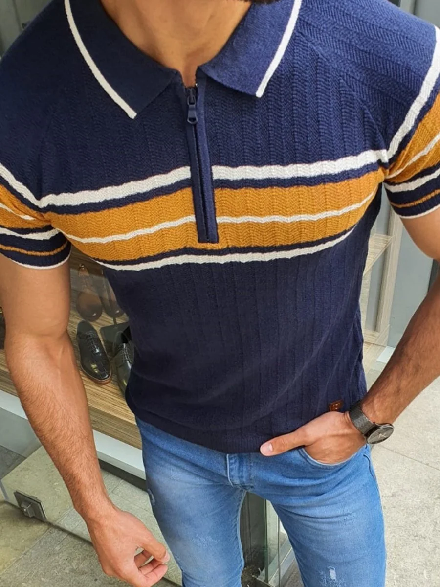 Men Casual Stripe Knit Rib Polo T-shirt