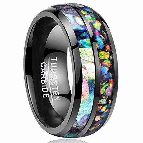 Women's Or Men's Tungsten Carbide Wedding Band Matching Rings,Black Tone Multi Color Abalone Shell and Rainbow Opal Inlay Ring Organic colors Ring With Mens And Womens For Width 4MM 6MM 8MM 10MM