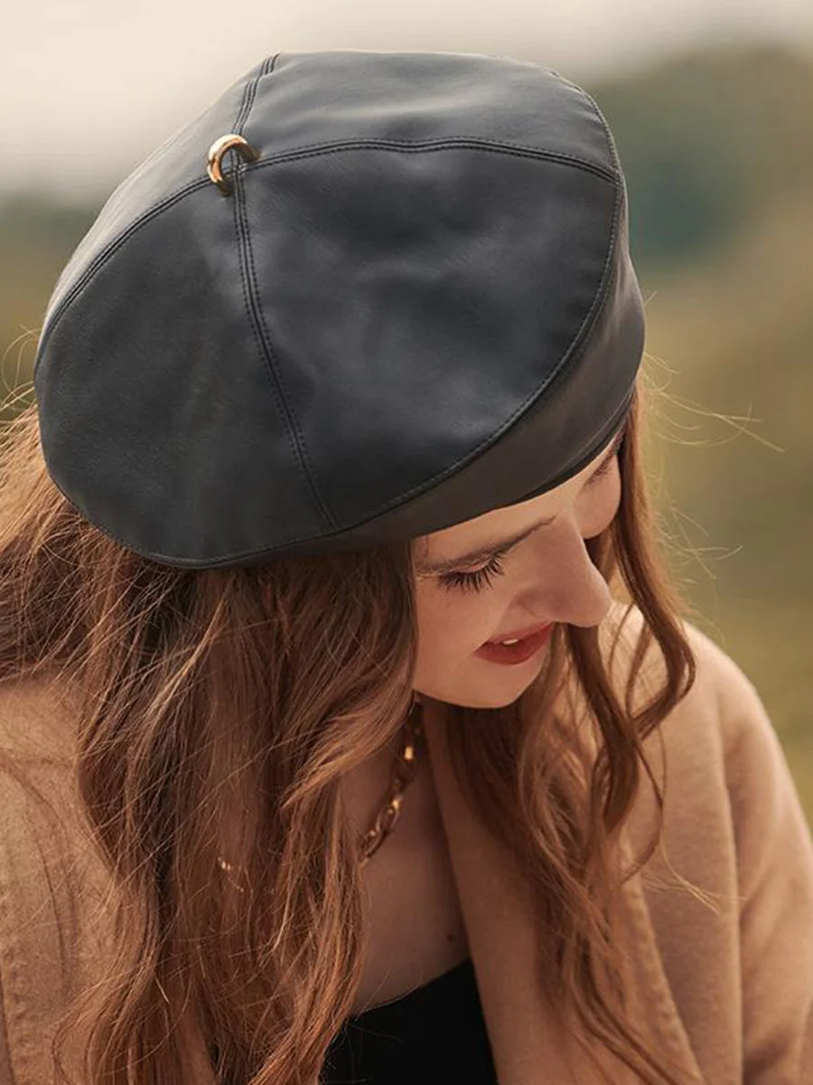 Women's Beret Hat PU Leather Solid Color Vintage Artist Hats