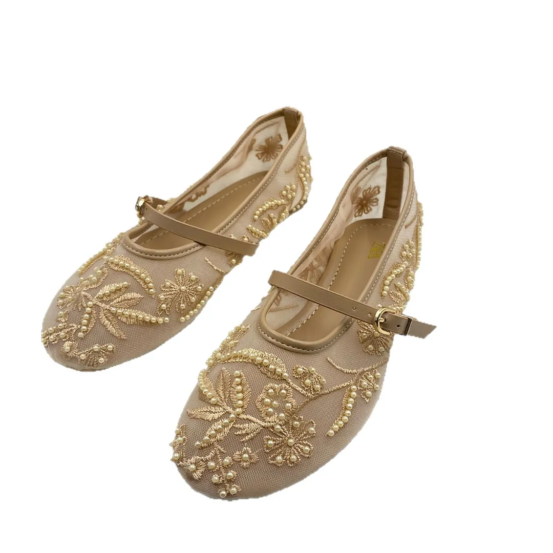 Breakj Breakj Home 2025 New Women's Shoes Spanish Embroidery Fashion Low-Help Embroidery Mesh Single Shoes Women