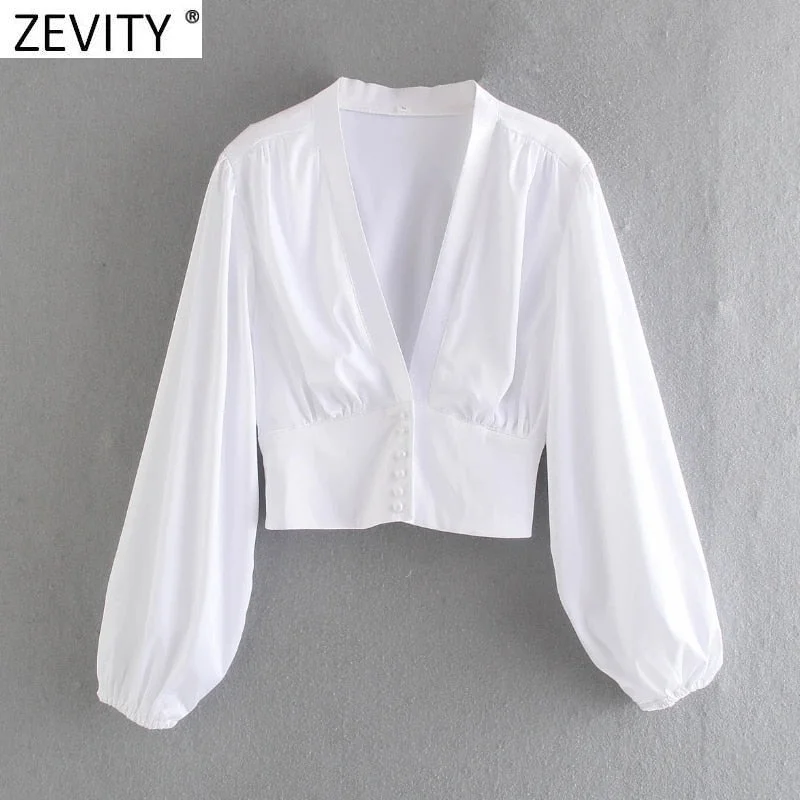 Zevity Women V Neck Black White Color Short Smock Blouse Female Lantern Sleeve Slim Court Shirts Chic Pearl Buttons Tops LS9268