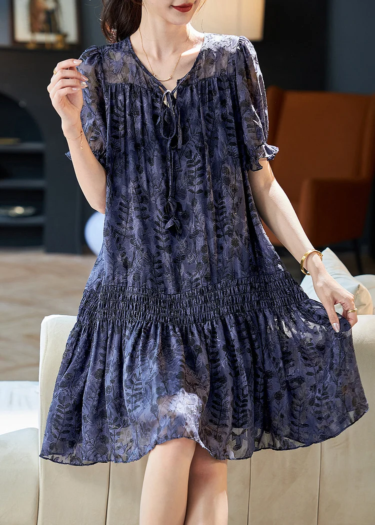 Women Navy V Neck Print Patchwork Chiffon Dress Summer