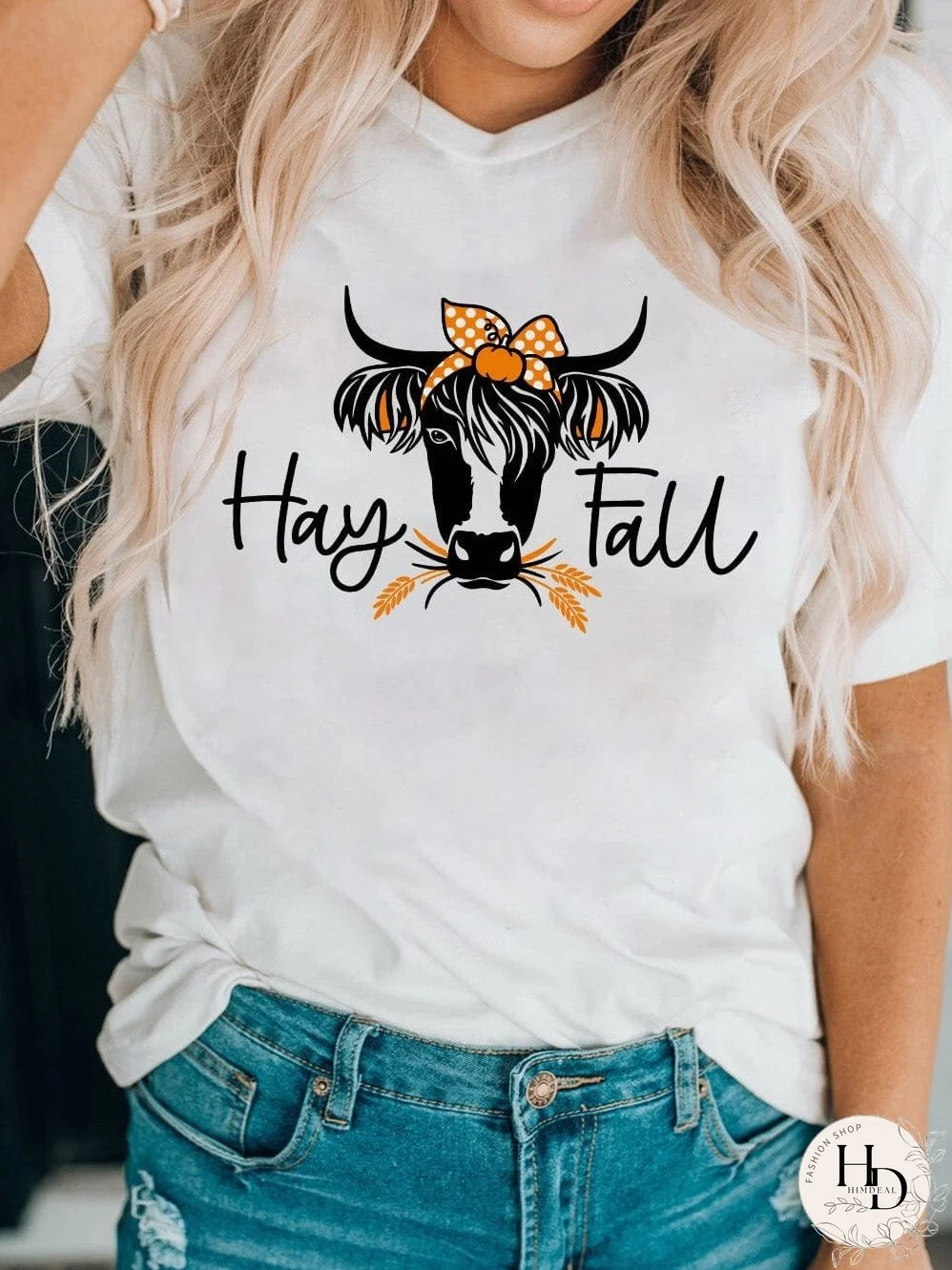 Heifer Print White Graphic Tee with "Hay Fall" Design