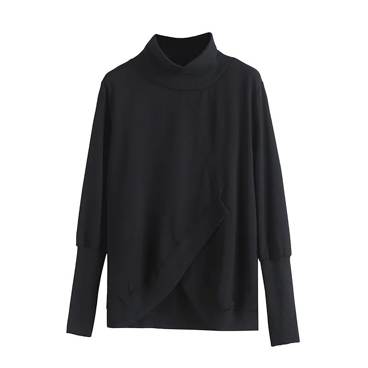 Fashion Loose Solid Color Turtleneck Irregular Patchwork Long Sleeve T-shirt     