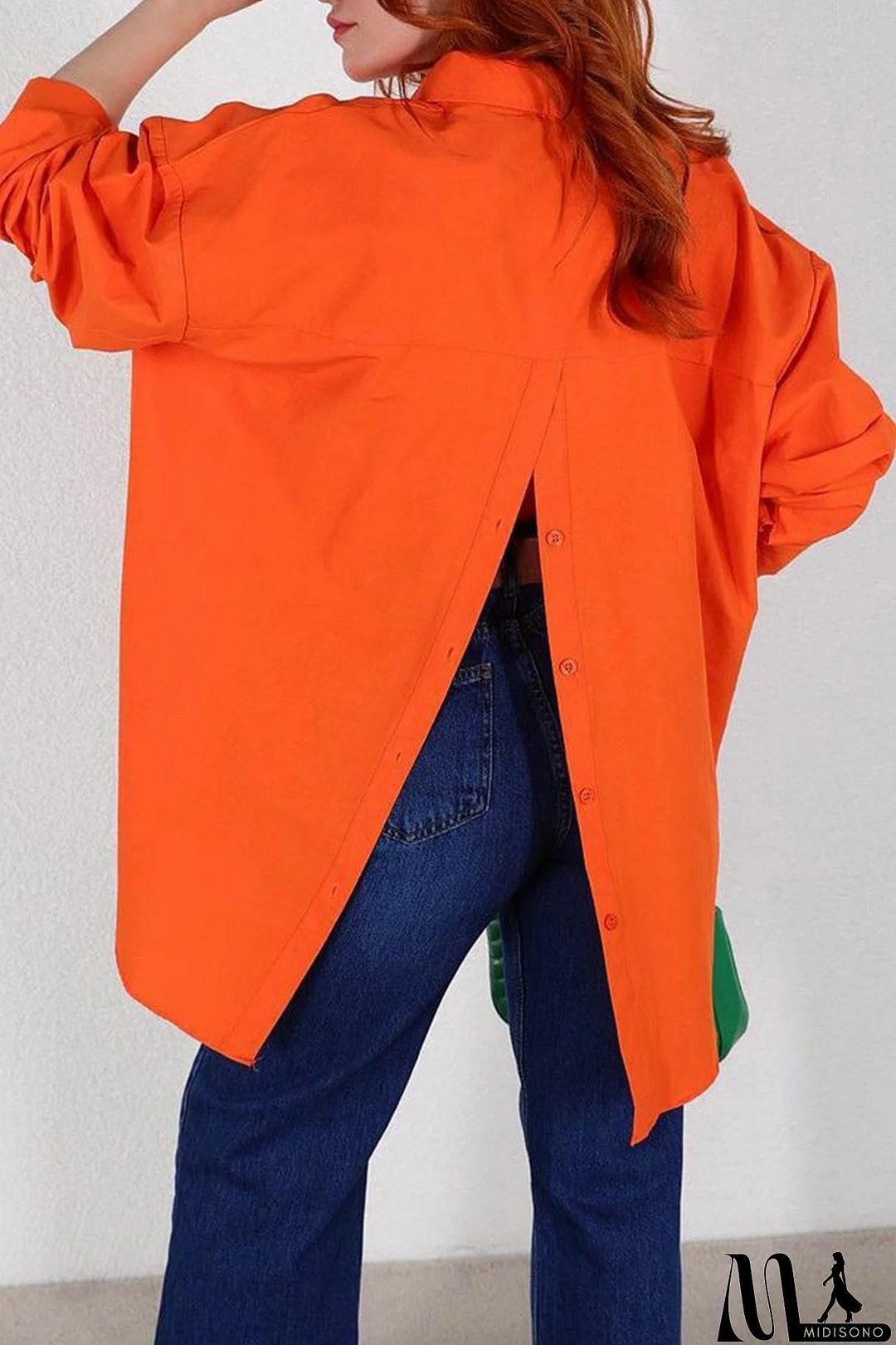 MidiSono - Single-breasted Back Slit Solid Blouse