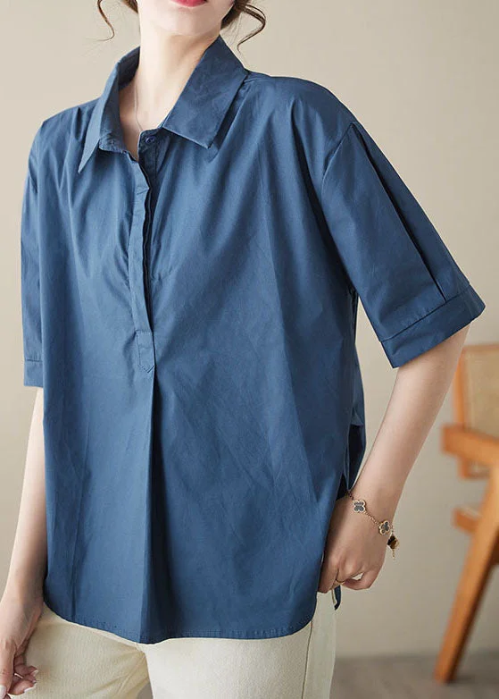 Organic Blue Peter Pan Collar Patchwork Cotton Shirts Top Summer