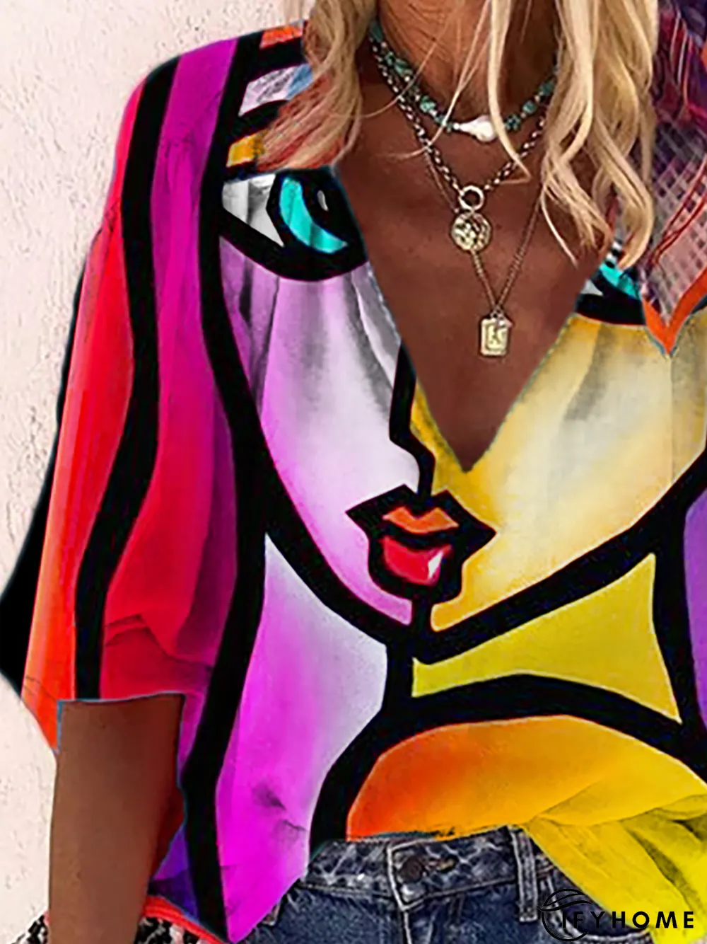 Plus size Hippie V Neck Abstract Printed Tops | IFYHOME