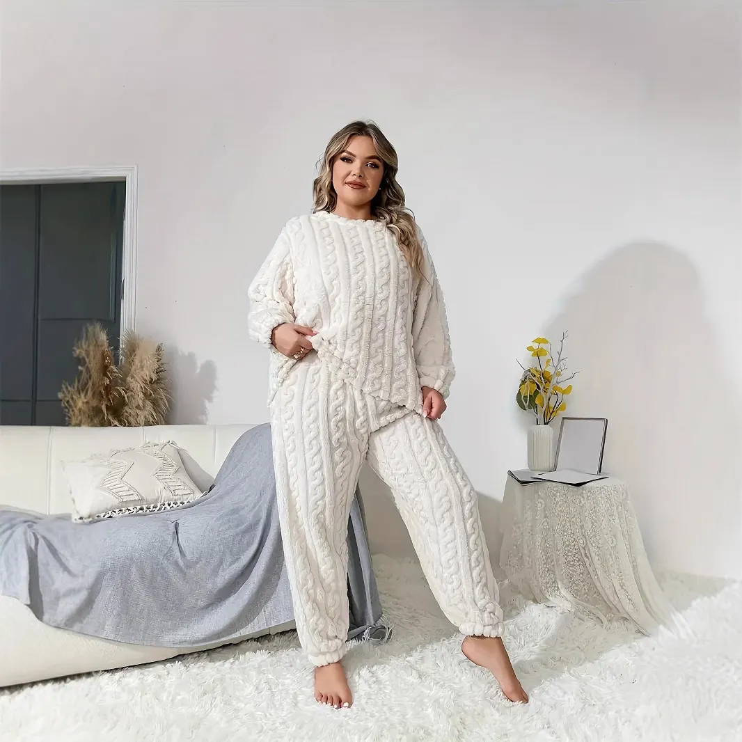 Nigikala Nigikala Women's New Wish Plush Round Collar Casual Long-Sleeved Pants Two Sets