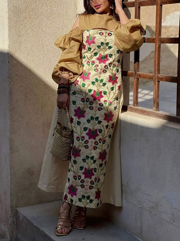 Elegant Floral Print Puff Sleeve Dress