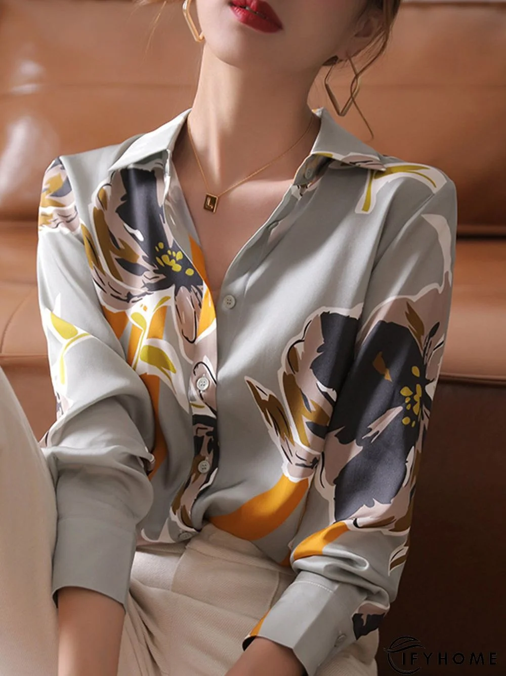 Elegant Floral Shirt Collar Long Sleeve Blouse | IFYHOME