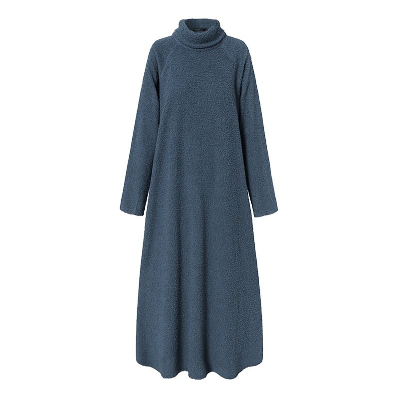 ZANZEA Women Turtleneck Long Sleeve Sundress Autumn Plush Fluffy Long Sweatshirt Dress Fashion Solid Loose Vestidos Robe Femme