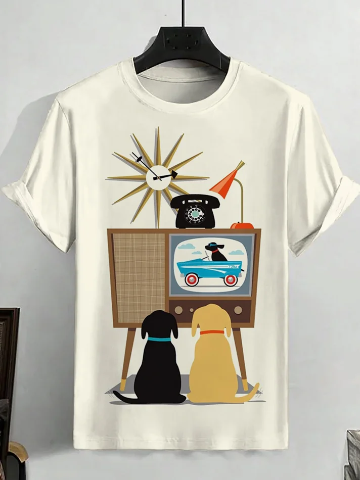 Men's Two Dogs Watching TV Print T-Shirt