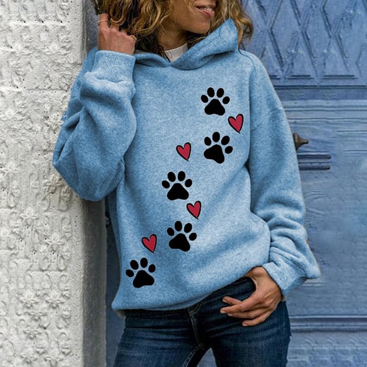 Vefave Love Dog Paw Print Casual Long Sleeve Hooded Sweatshirt