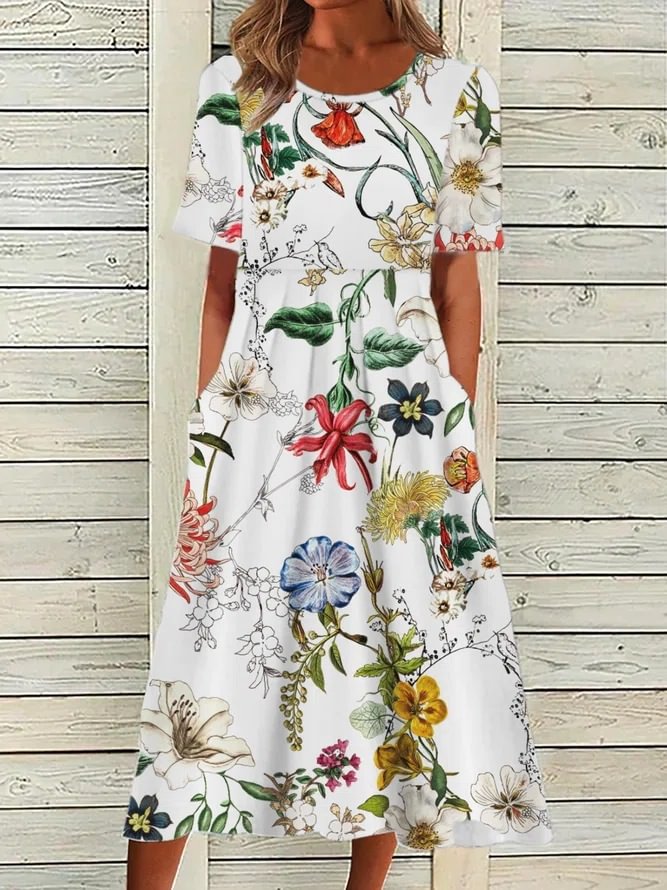 Casual Floral Short Sleeve Knit Pocket Dress