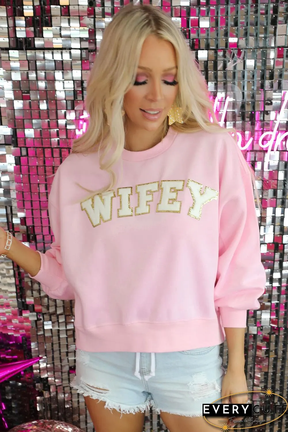 Pink WIFEY Graphic Crew Neck Pullover Sweatshirt