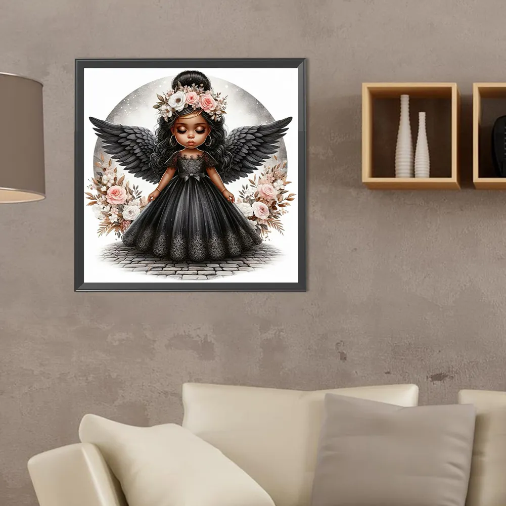Diamond Painting - Full Round Drill - Black Angel Girl(Canvas|40*40cm)