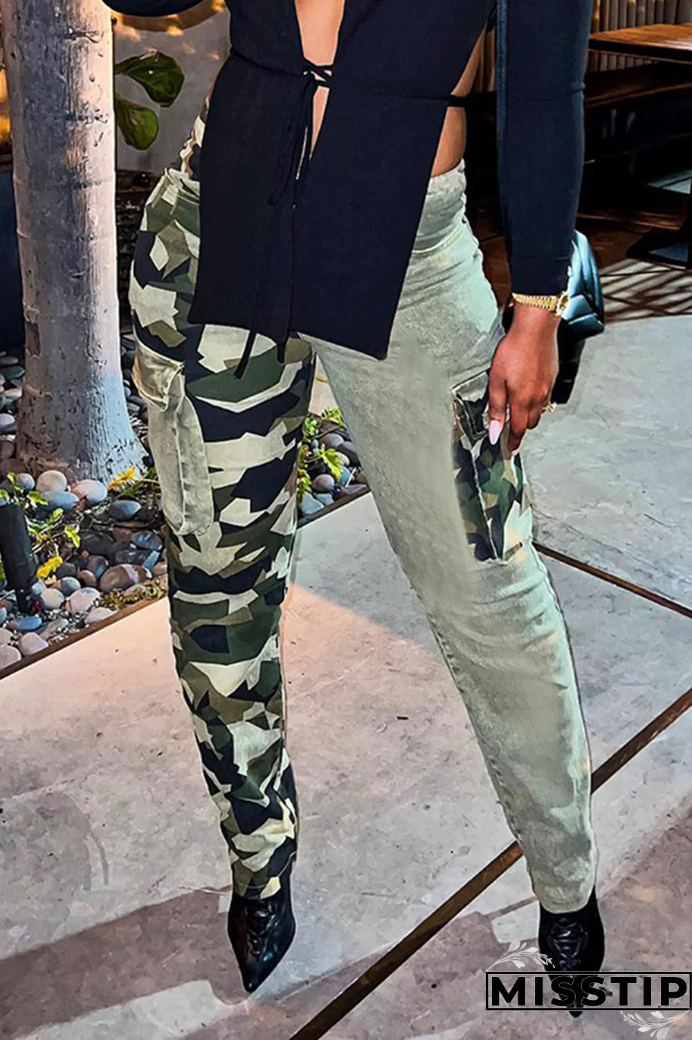 Camouflage Fashion Camouflage Print Patchwork Regular Denim Jeans