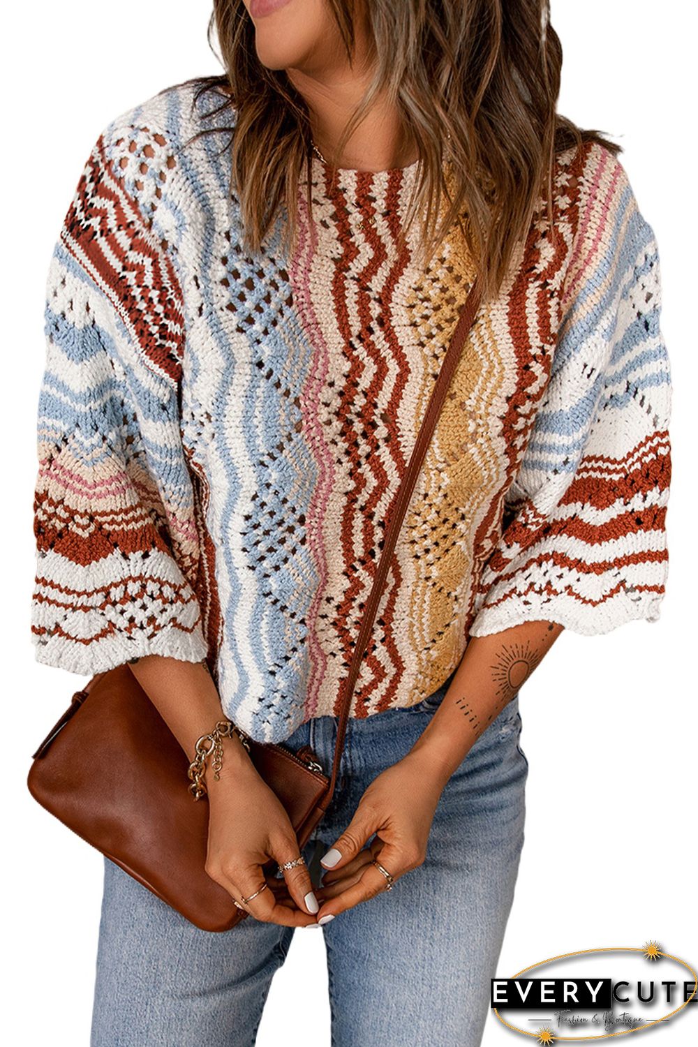 Multicolor Stripe Knit Hollow Out Drop Shoulder Sweater