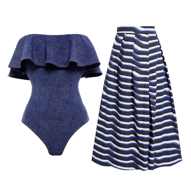 Ruffle Bandeau One Piece Swimsuit and Skirt