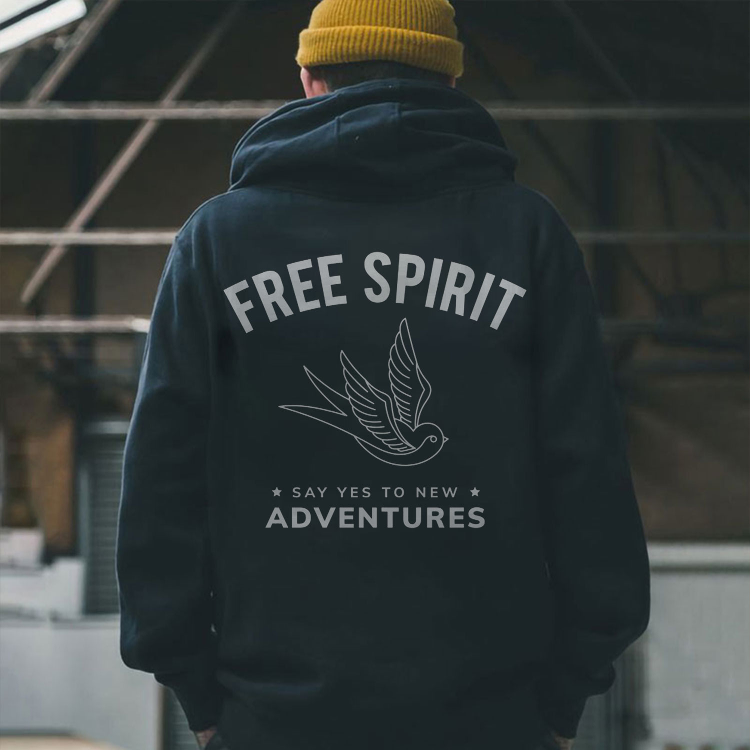 FREE SPIRIT SAY YES TO NEW ADVENTURES Graphic Black Print Hoodie