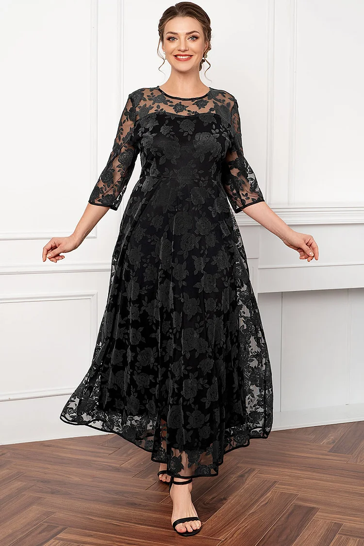 Flycurvy Plus Size Mother Of The Bride Green Rose Flocking Mesh Double Layer Tunic Maxi Dress