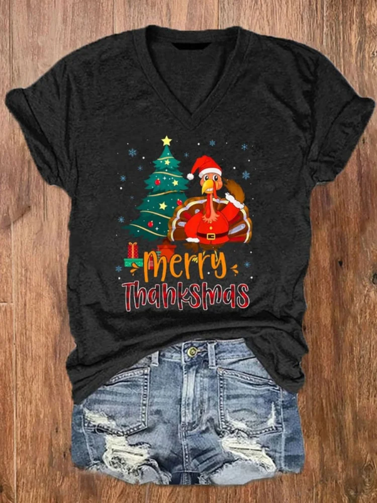 Wearshes Merry Thanksmas Cute Christmas Tree Turkey T Shirt