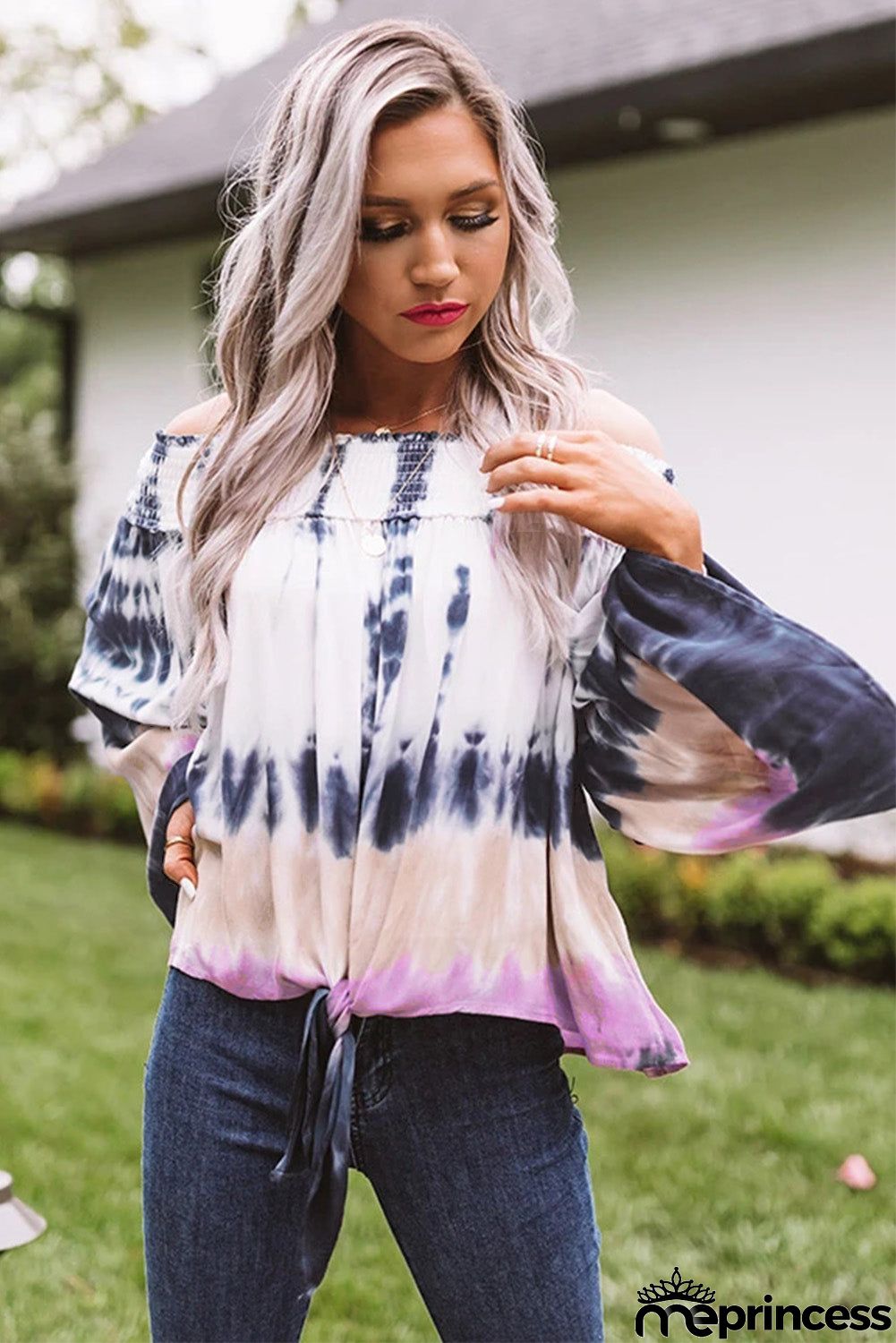 Love Triangle Tie Dye Flare Sleeve Off Shoulder Tie Top