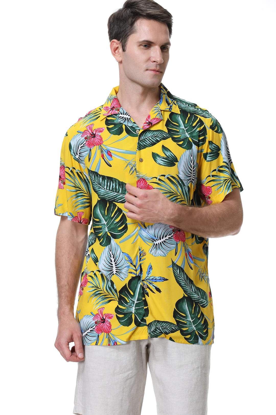 Men's Aloha Beach Shirt Yellow Leaf Alex Vando Fashion